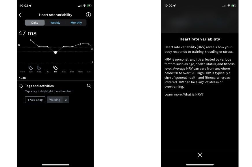You can see the Oura app open, where heart rate variability is displayed. 